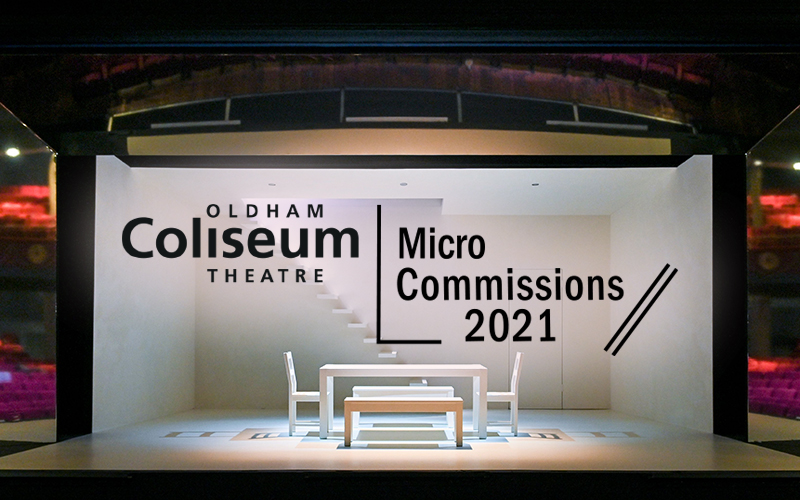 Oldham Coliseum Micro Commissions 2021. Background photograph - set of Four Minutes Twelve Seconds, designed by Anna Reid. Photography by Joel Chester Fildes